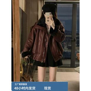大码美式长袖皮外套女装秋冬新款高级感保暖棉服胖MM遮肉显瘦上衣