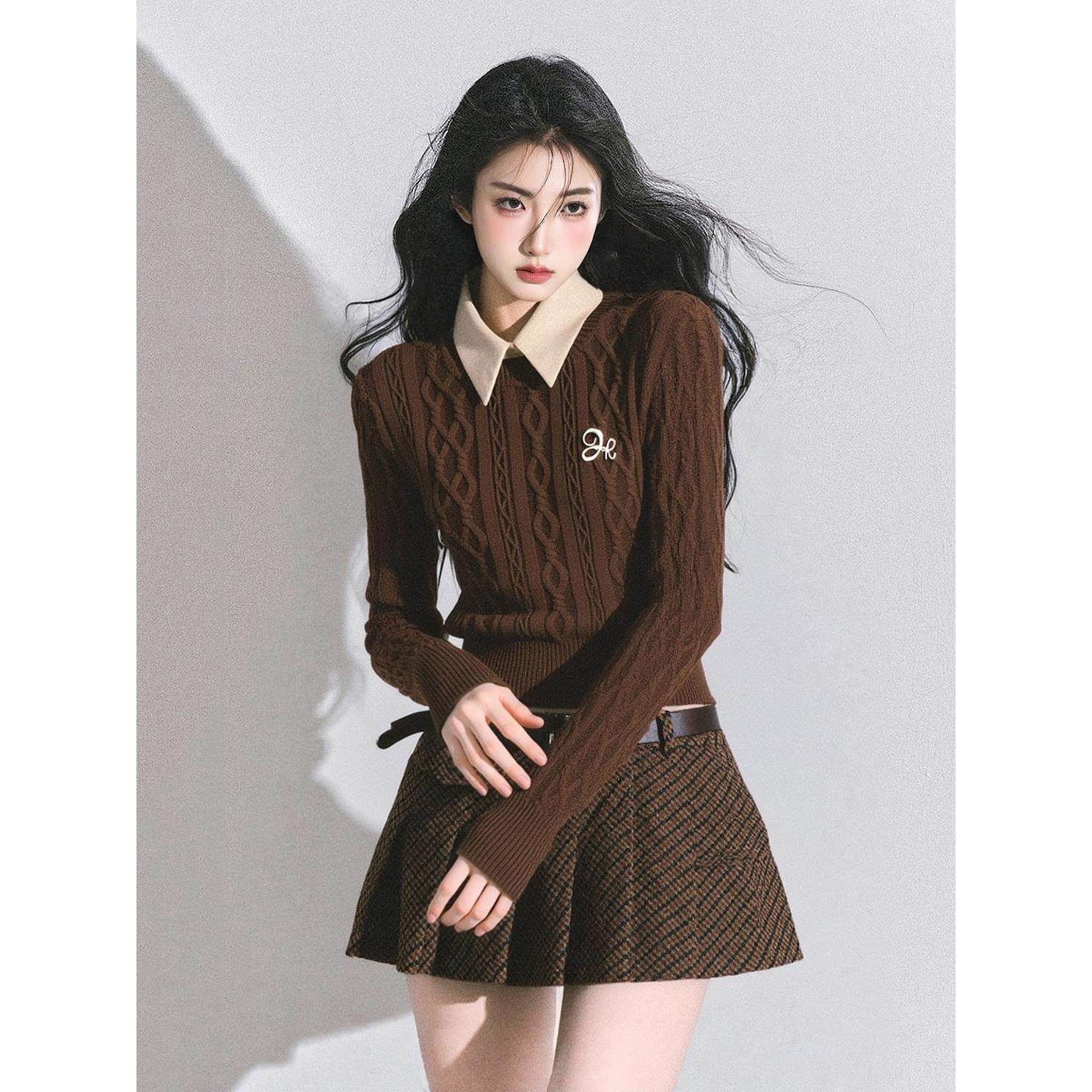 韩系学院风假两件麻花针织套装女2025冬季新款时尚高级感气质穿搭