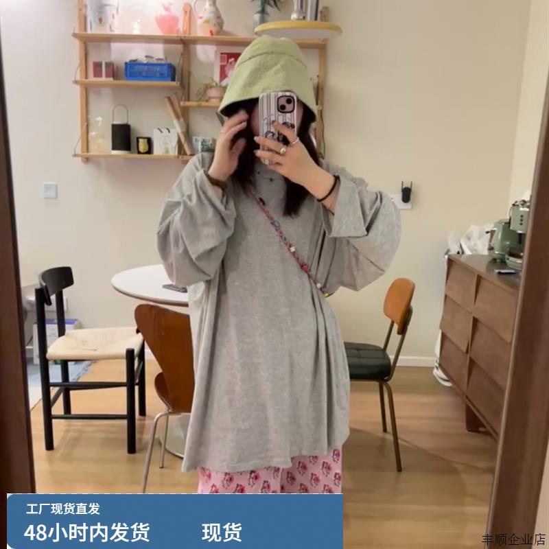 早秋高级感灰色韩版覆古条纹长袖T恤女宽松休闲慵懒风中长款上衣