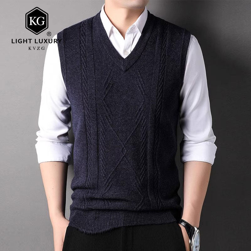 2025春季新款时尚背心马甲男V领套头无袖厚中年针织打底衫坎肩