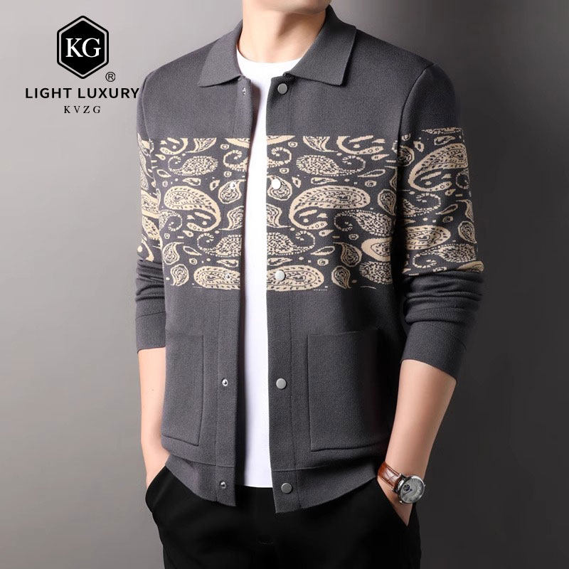 开衫男秋装新款男翻领针织夹克衫男美式文化时尚百搭男士休闲外套