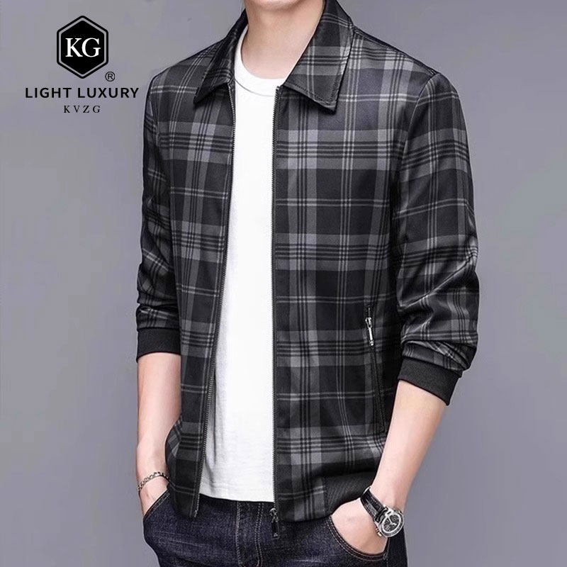 2025春季新款轻奢翻领夹克男中年商务休闲格子外套爸爸装上衣潮