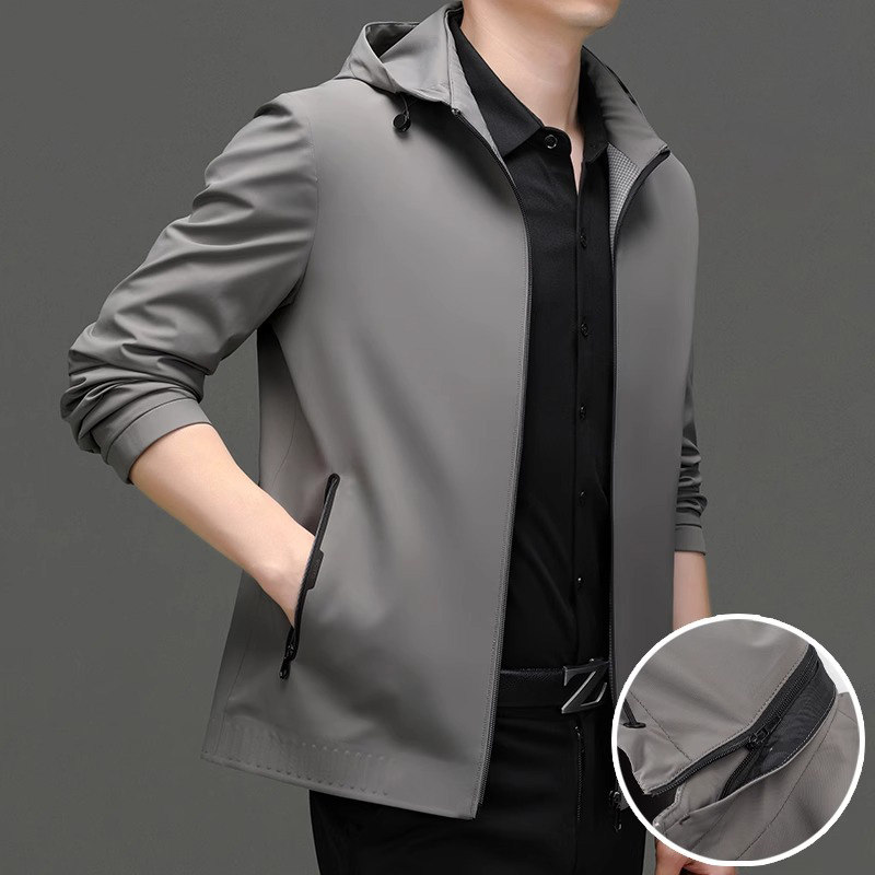 春季连帽夹克外套男商务休闲可拆卸帽外衣经典纯色百搭春秋薄上衣