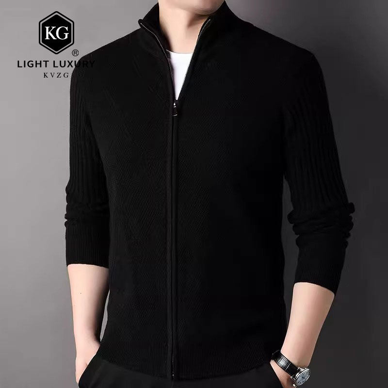 2025春季新款男半高拉链领时尚轻奢珠地毛衣保暖纯针织开衫外套