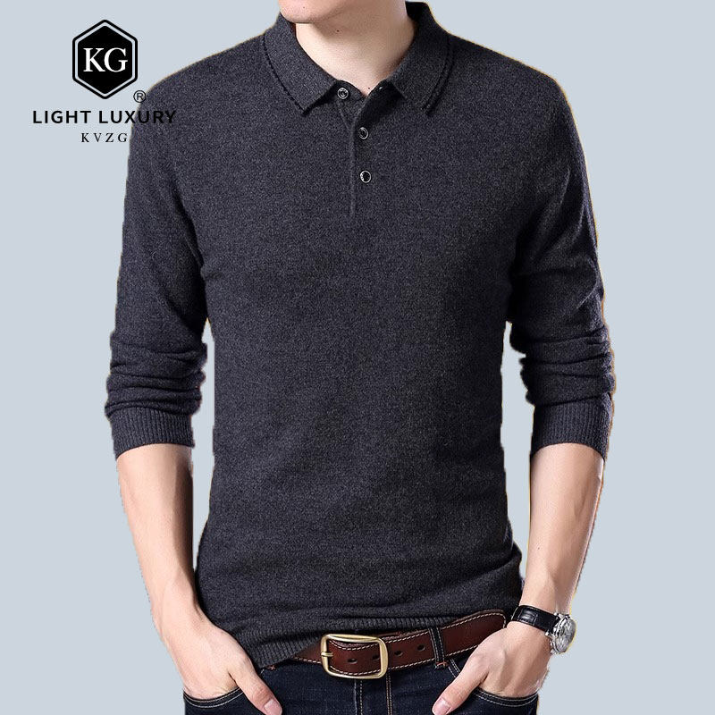 2025春季新款中年男士翻领薄款时尚百搭休闲纯色针织长袖T恤上衣