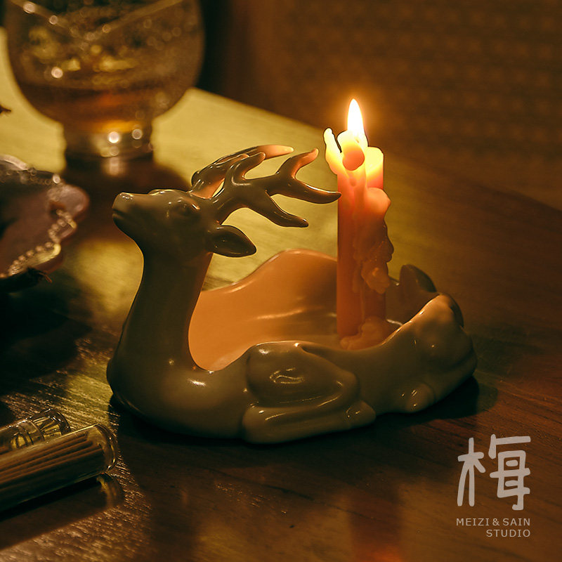 梅子【林深时见鹿】白鹿陶瓷摆件 茶桌香插 烛台 桌面装饰 手工
