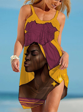 Leisure printed beach dress with strap  休闲印花吊带沙滩女裙