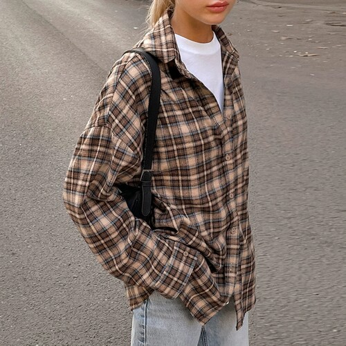 Retro loose base checkered shirt    女士复古宽松打底格子衬衣