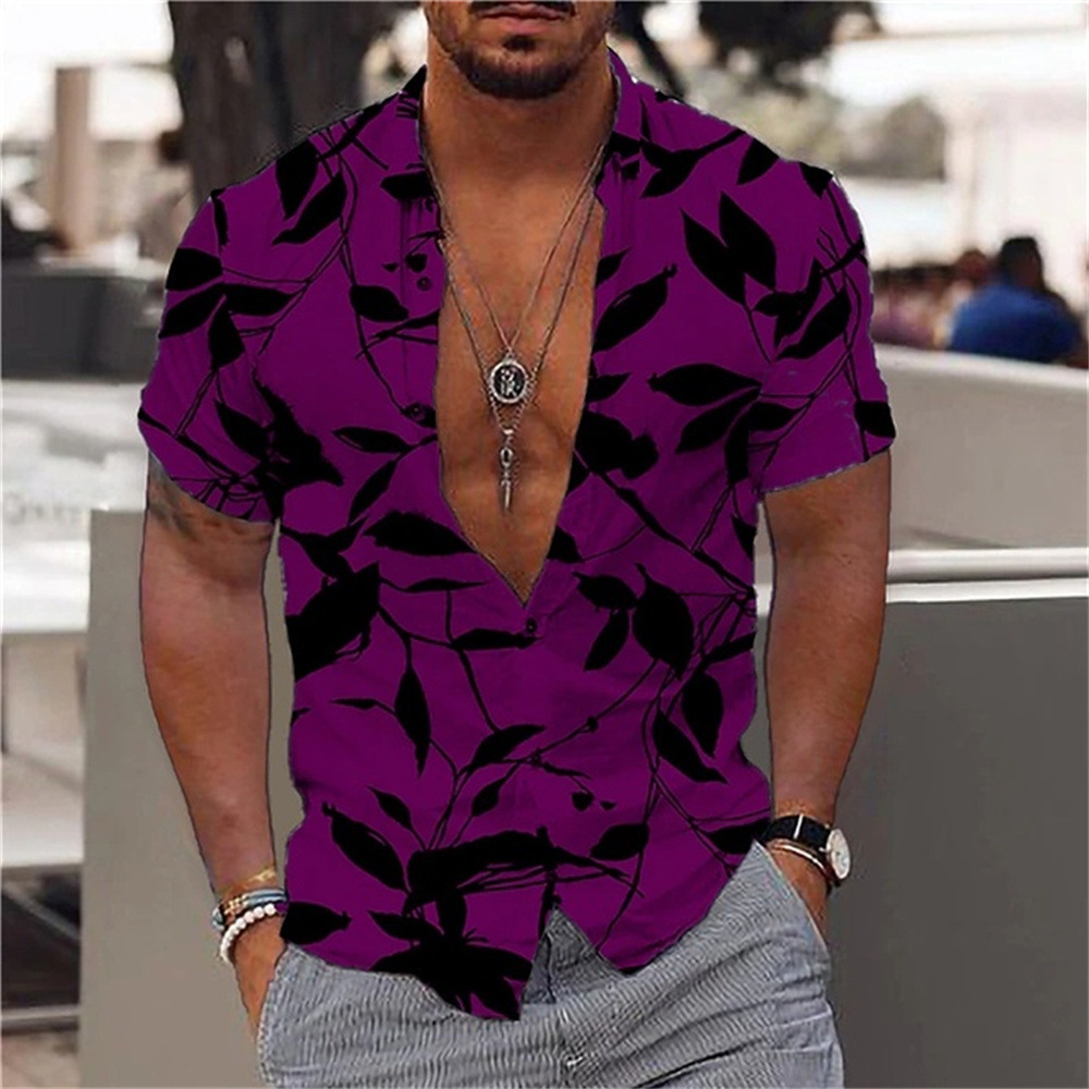 Tropical plant leaf printed shirt   男式夏季宽松叶子印花衬衫