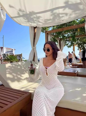 Hollow crochet knitted long dress镂空钩织针织长款连衣裙