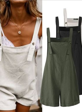 Solid Button Casual Strap Pants for Women纯色纽扣休闲背带裤