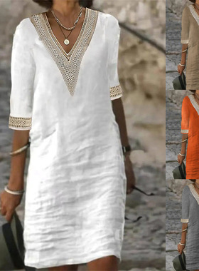 Solid V-neck medium sleeved dress for women纯色V领中袖连衣裙