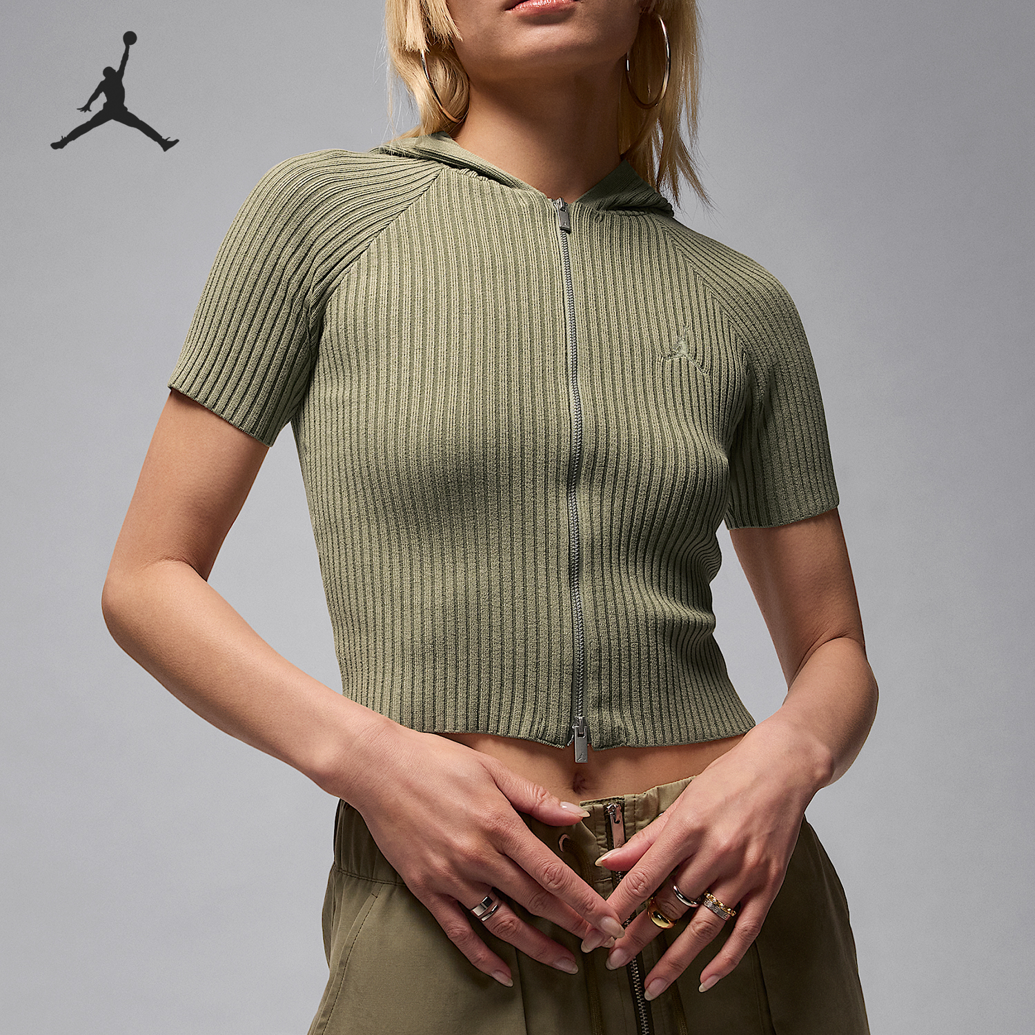 Nike/耐克正品JORDAN女士开襟连帽针织修身运动短袖HQ9206-238