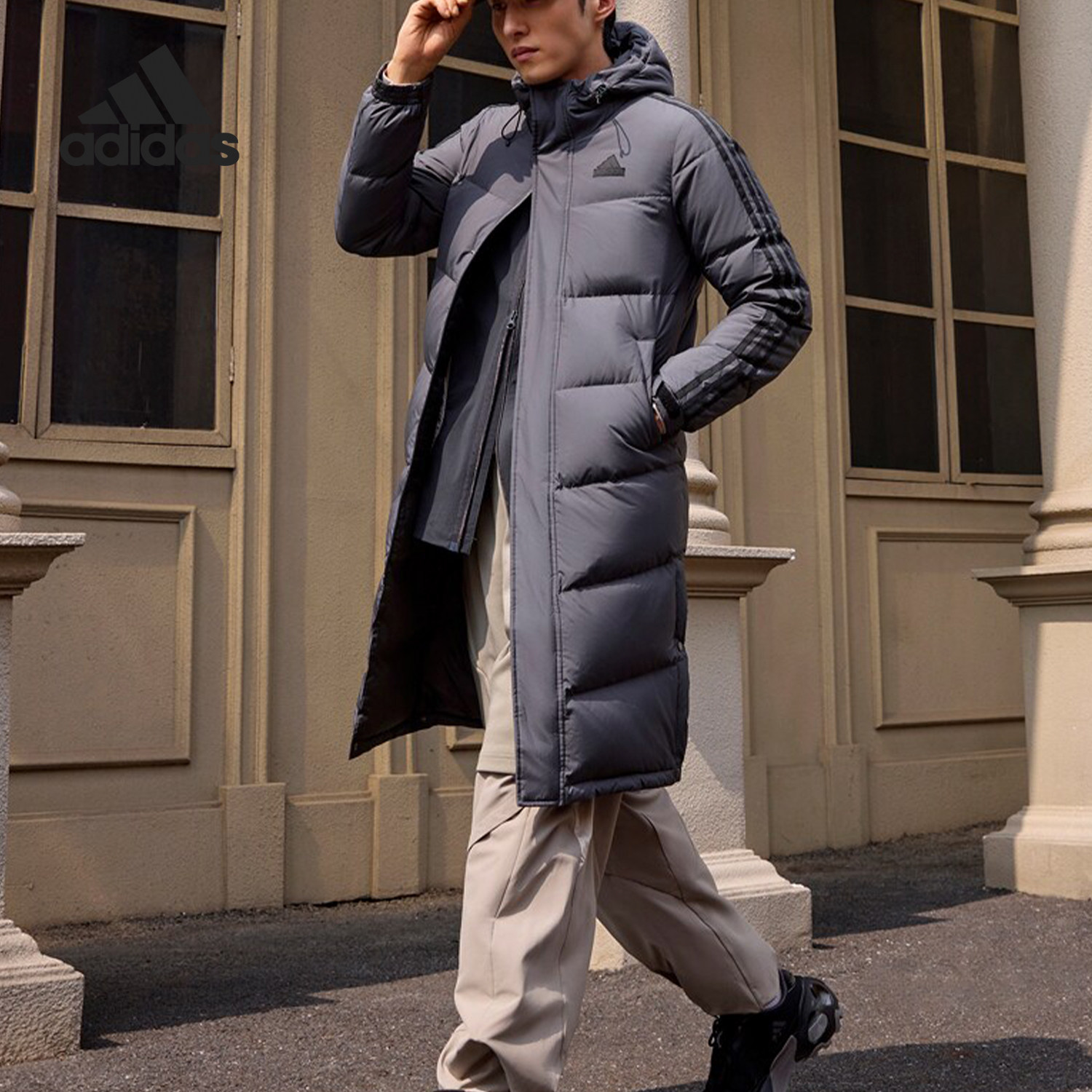 阿迪达斯男女长款保暖鸭绒羽绒服