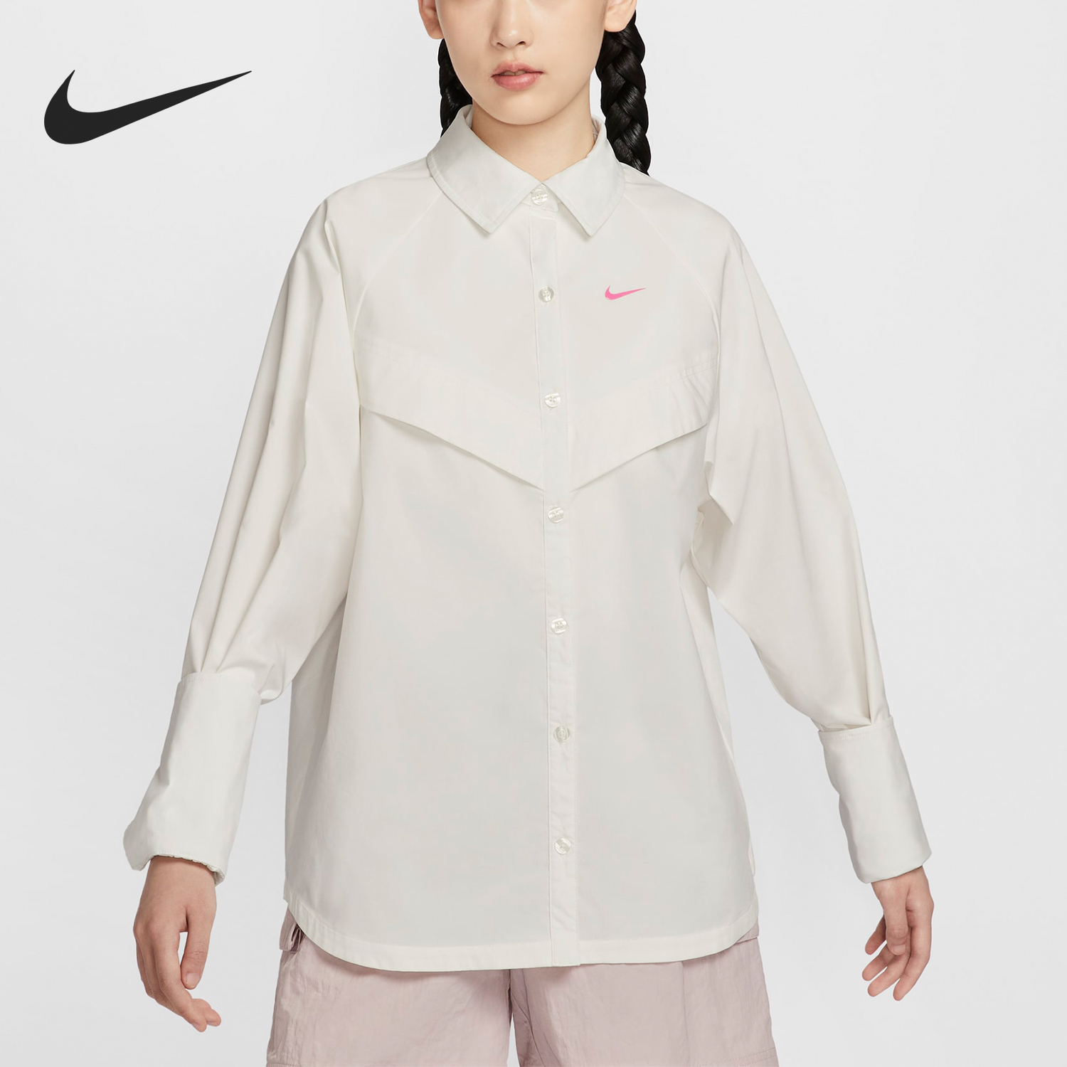 Nike/耐克正品新款女士休闲拼接宽松翻领长袖衬衣HM4627-133