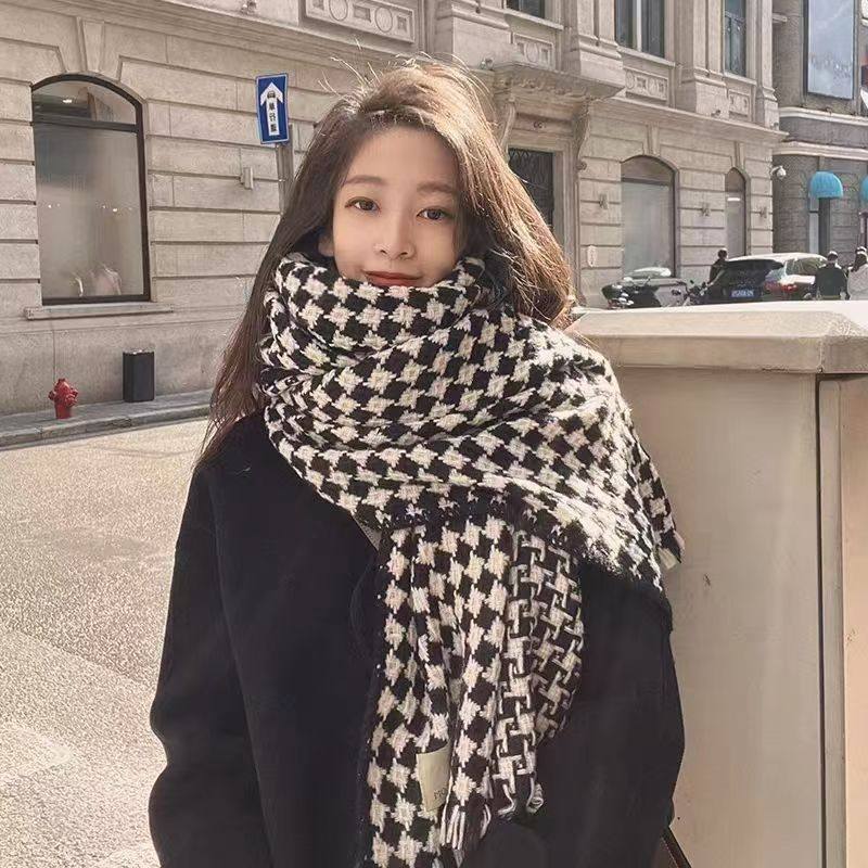 黑白千鸟格围巾女冬季高级感百搭围巾/丝巾/披肩