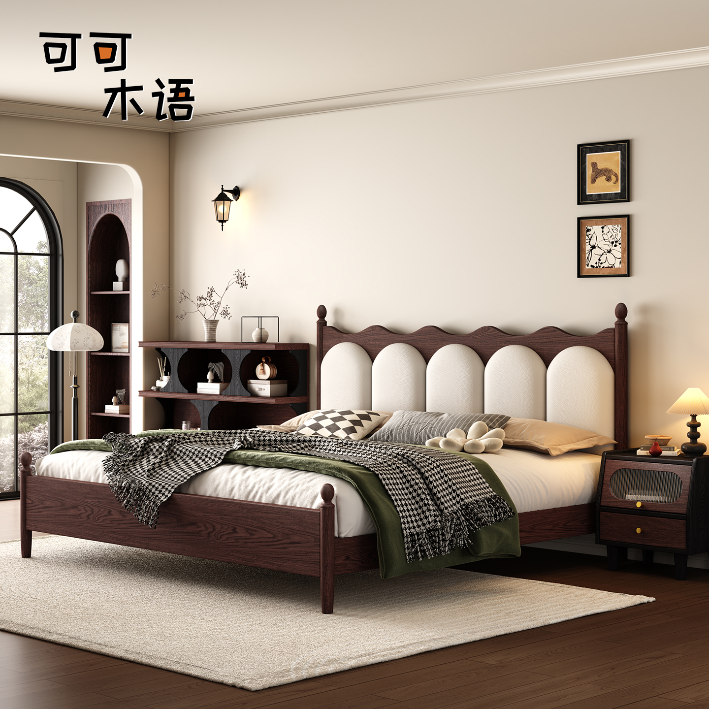 法式复古全实木床1米8双人床中古风红橡木软靠床主卧1米5双人婚床