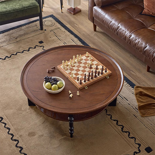 法式复古风实木茶几圆形茶桌家用小户型客厅2025新款中古创意茶台