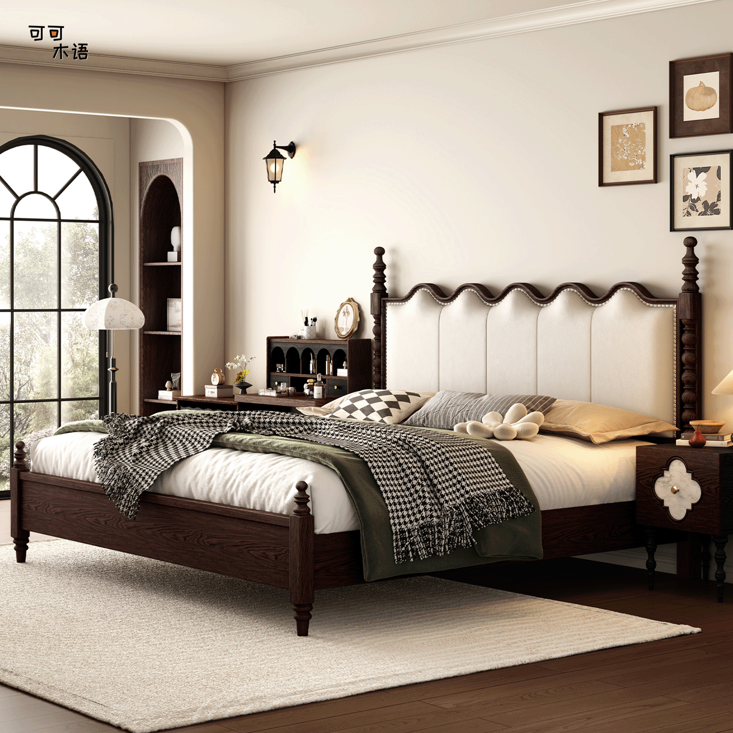 中古风红橡木实木床1.8法式复古塞纳软包床1.5涟漪双人主卧储物床