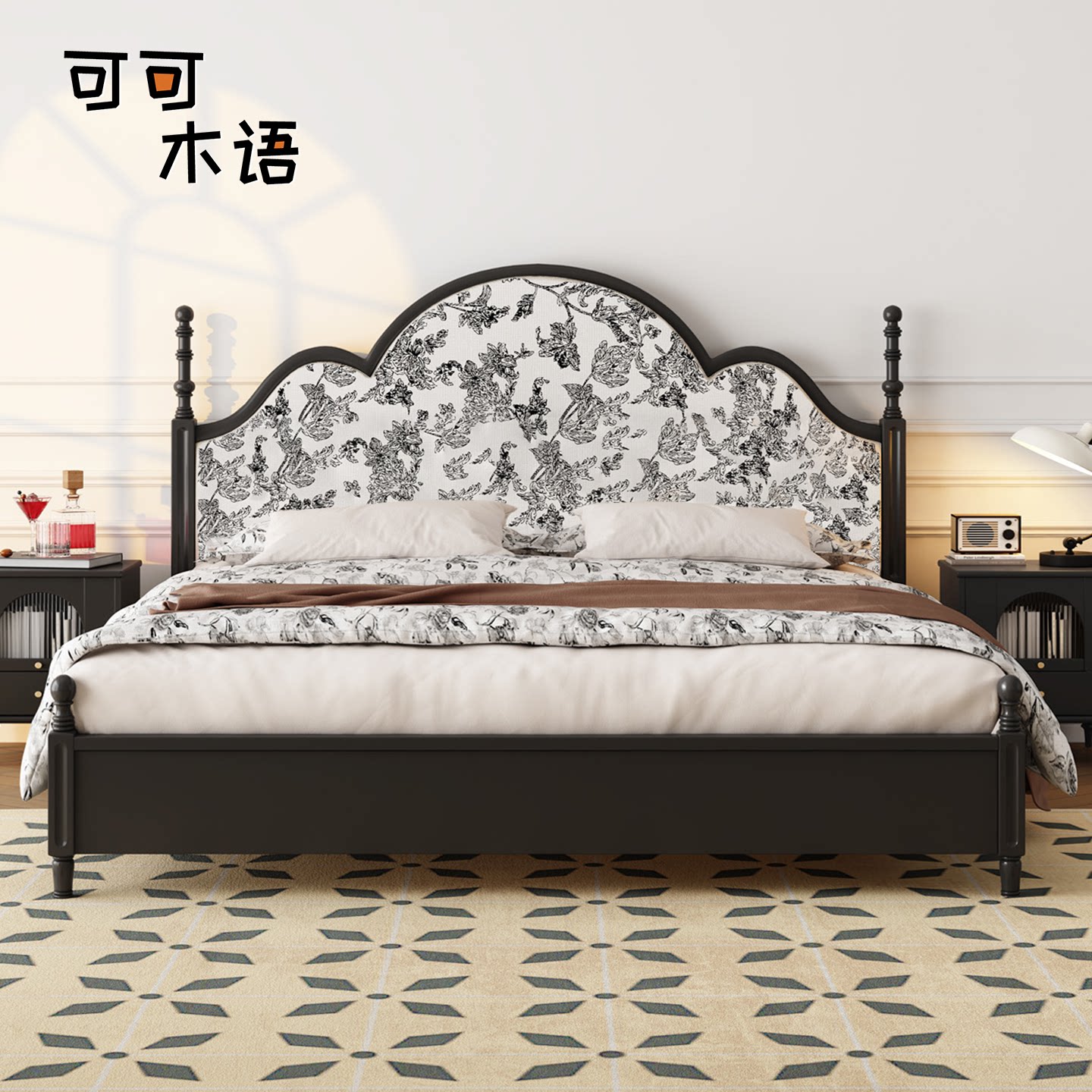 法式床复古黑色1.8米双人床主卧全实木美式高端高级软包中古风床