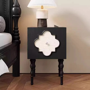 中古风床头柜法式红橡木艺术感四叶草胡桃木色沙发边柜卧室床边柜