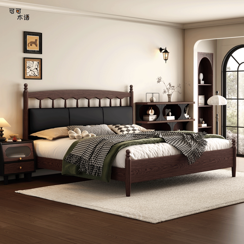 中古风实木床1.5薄床头温莎床法式复古红橡木床1.8米主卧双人婚床