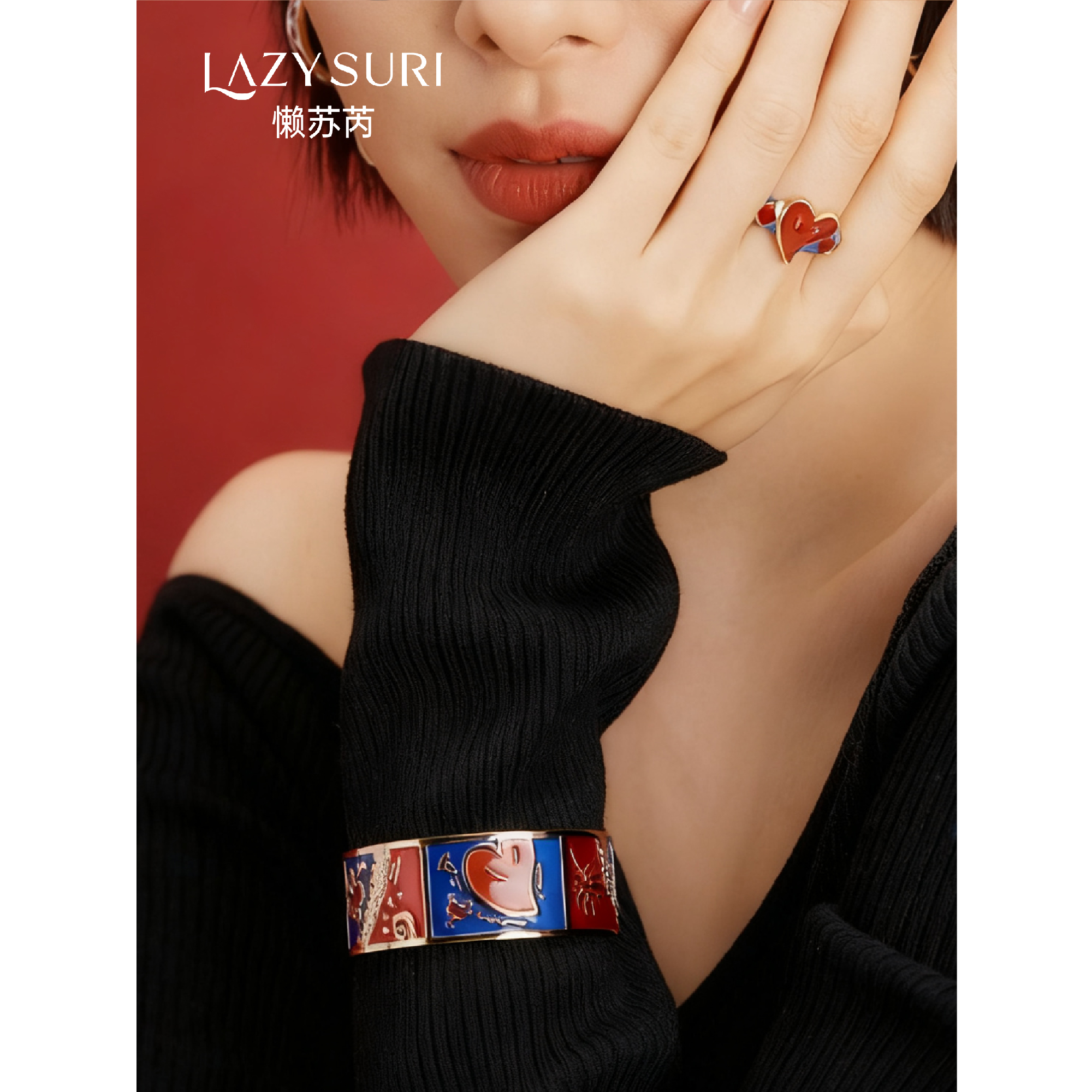 LAZYSURI艺术珐琅彩戒指女开口