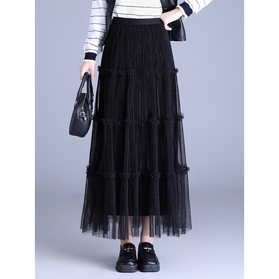 两面穿蛋糕裙长款纱裙女2025新款秋季高腰a字大摆伞裙网纱半身裙