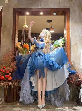 蓝色前短后长花嫁礼服lolita连衣裙洋装洛丽塔重工拖尾蓬蓬公主裙