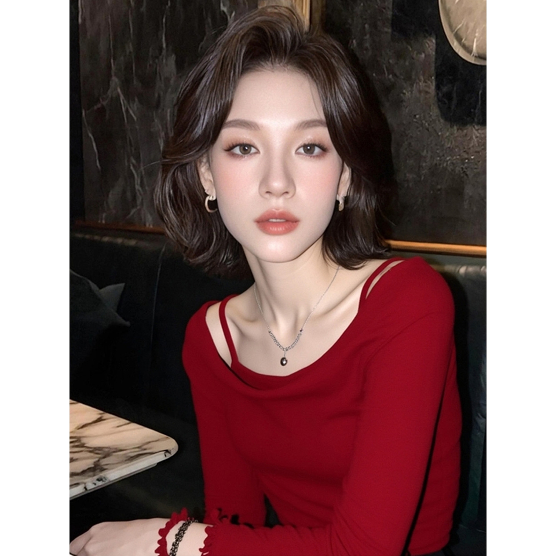 红色一字肩假两件长袖t恤女绝美巨好看的韩系独特漂亮小上衣早秋