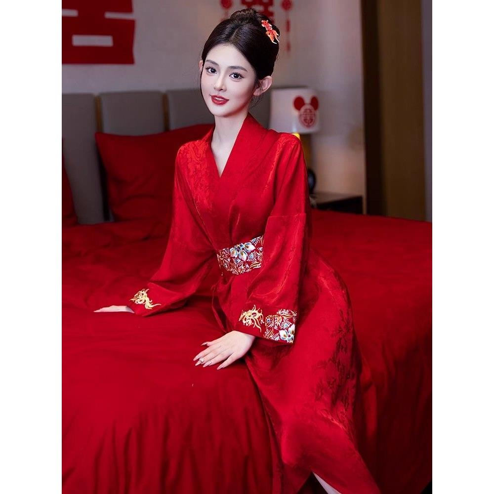 新中式晨袍女结婚新娘高级感刺绣睡衣本命年红色婚礼长款睡袍浴袍