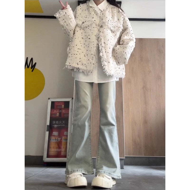 美式高街浅蓝色微喇叭牛仔裤女夏季2025新款高腰弹力小个子阔腿裤