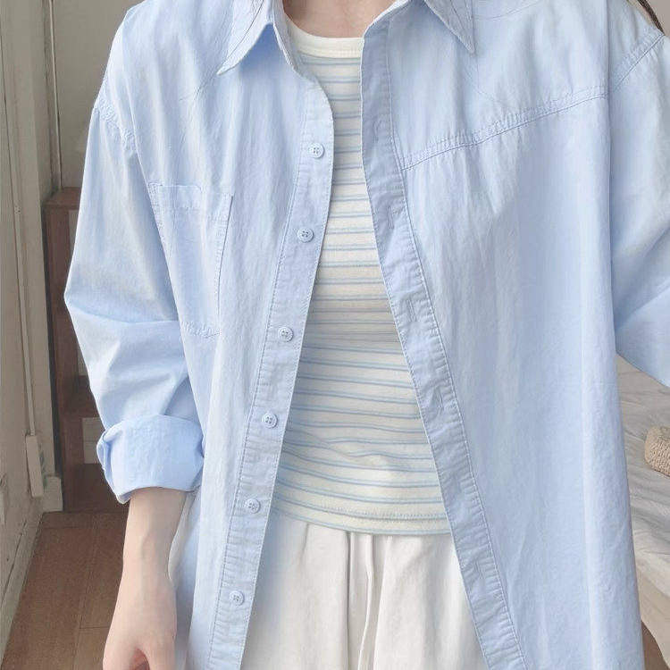 春夏季纯棉蓝色衬衫通勤穿搭2026新款女薄款长袖衬衣外套防晒上衣