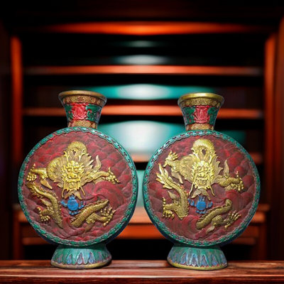 古玩收藏乡下收旧藏手工彩绘漆器双龙戏珠花瓶一对家居办公室摆件