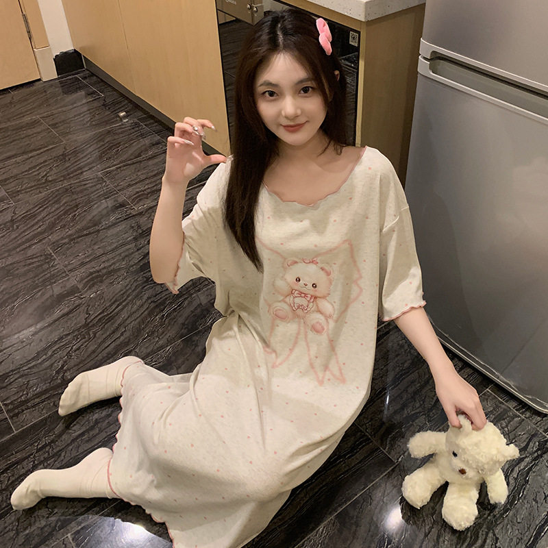 夏季睡衣女莫代尔凉感螺纹短袖睡裙甜美少女性感中长款家居服