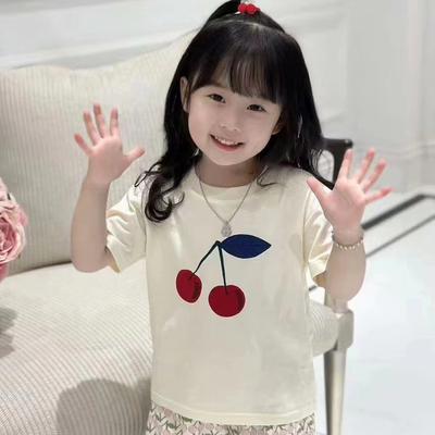 圆领可爱长袖樱桃女童短袖