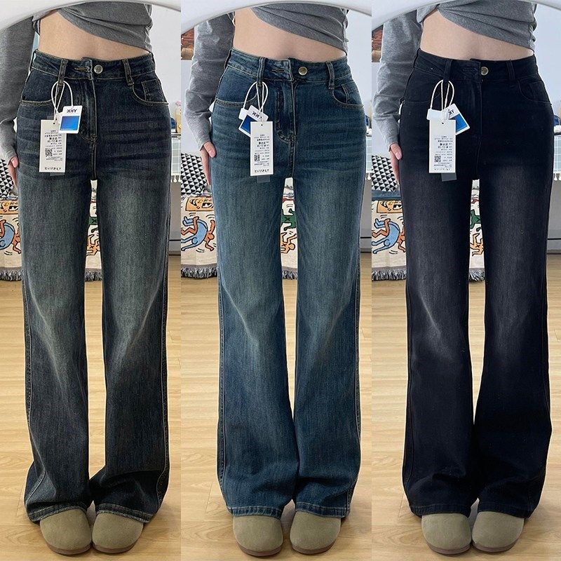 复古窄版直筒微喇牛仔裤女2025秋冬加绒中高腰弹力宽松显瘦喇叭裤
