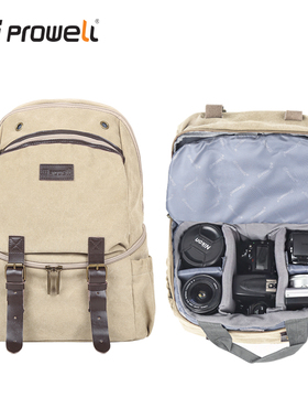 Prowell 复古相机包双肩专业佳能单反内胆包背包多功能防水帆布休闲旅游微单摄影包