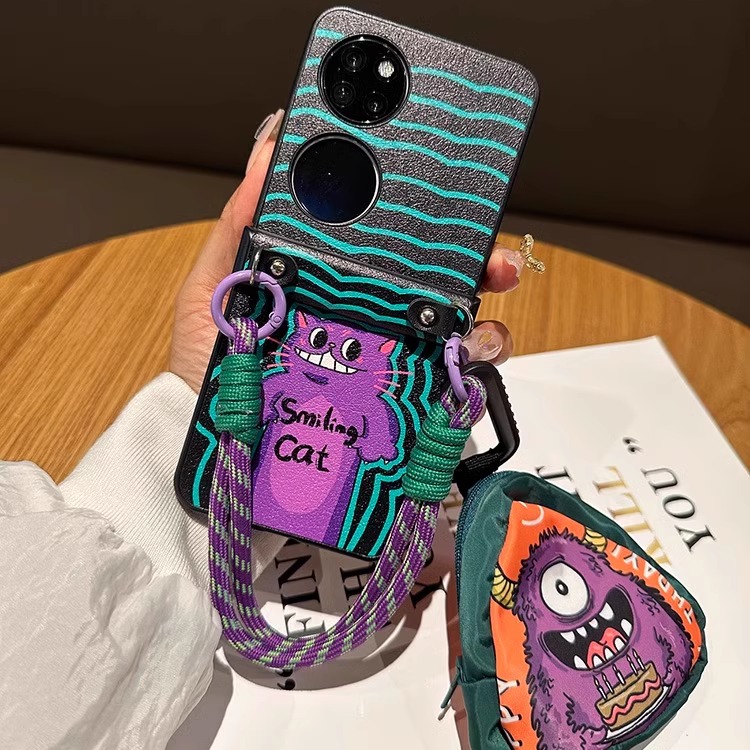 适用华为pocket2手机壳带挂绳斜挎新款OPPOfindn3flip卡通皮质保护套vivoxflip可背全包防摔三星zflip5手提包