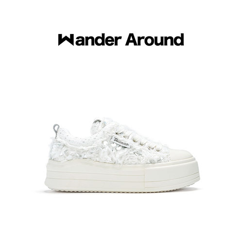 Wander around2025年秋季新款云朵系列白色羽毛厚底增高帆布鞋女