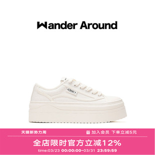 Wander around夏季薄款厚底增高6CM休闲百搭白色帆布鞋女