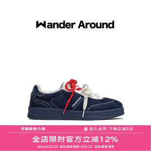 Wander around2025秋季新款藏青拼色厚底增高休闲鞋复古德训鞋女