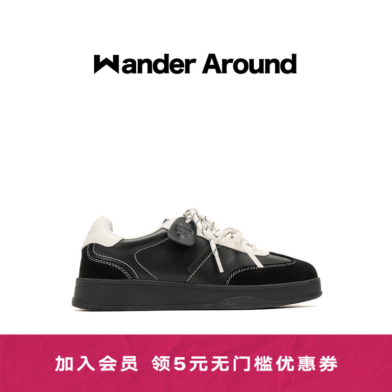 Wander around2025新款黑白拼色厚底增高休闲板鞋复古德训鞋女