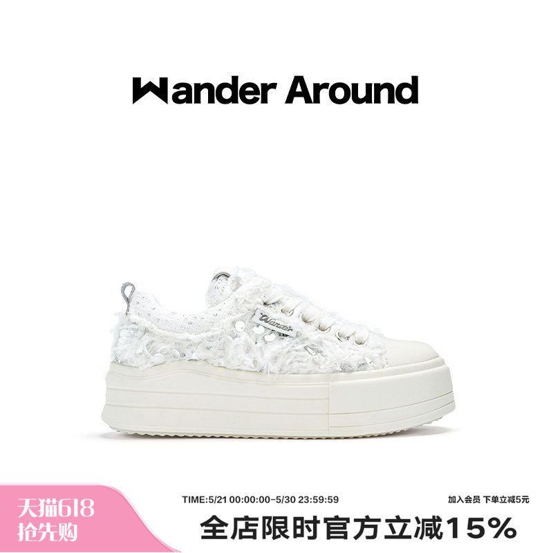 Wander around2025年秋季新款云朵系列白色羽毛厚底增高帆布鞋女