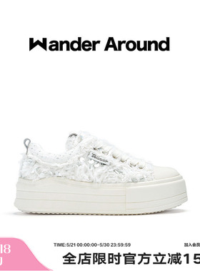 Wander around2025年秋季新款云朵系列白色羽毛厚底增高帆布鞋女