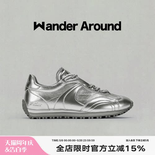 Wander around漫行春秋款LUNA系列银色厚底阿甘鞋休闲德训鞋女