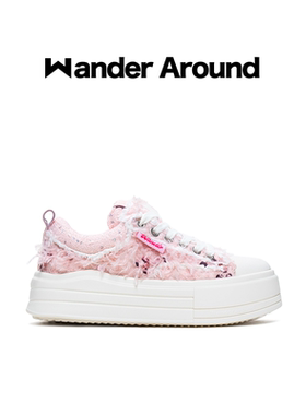 Wander around2025年秋季新款云朵系列粉色羽毛厚底增高帆布鞋女