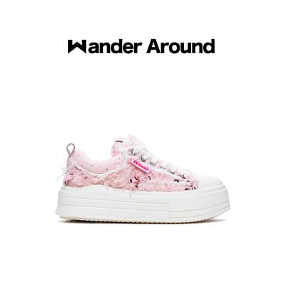 Wander around2025年秋季新款云朵系列粉色羽毛厚底增高帆布鞋女