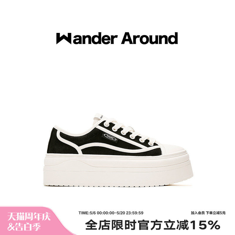 Wander around夏季薄款厚底增高6CM休闲百搭黑色帆布鞋女
