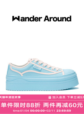 Wander around夏季薄款厚底增高6CM休闲百搭马卡龙蓝色帆布鞋女